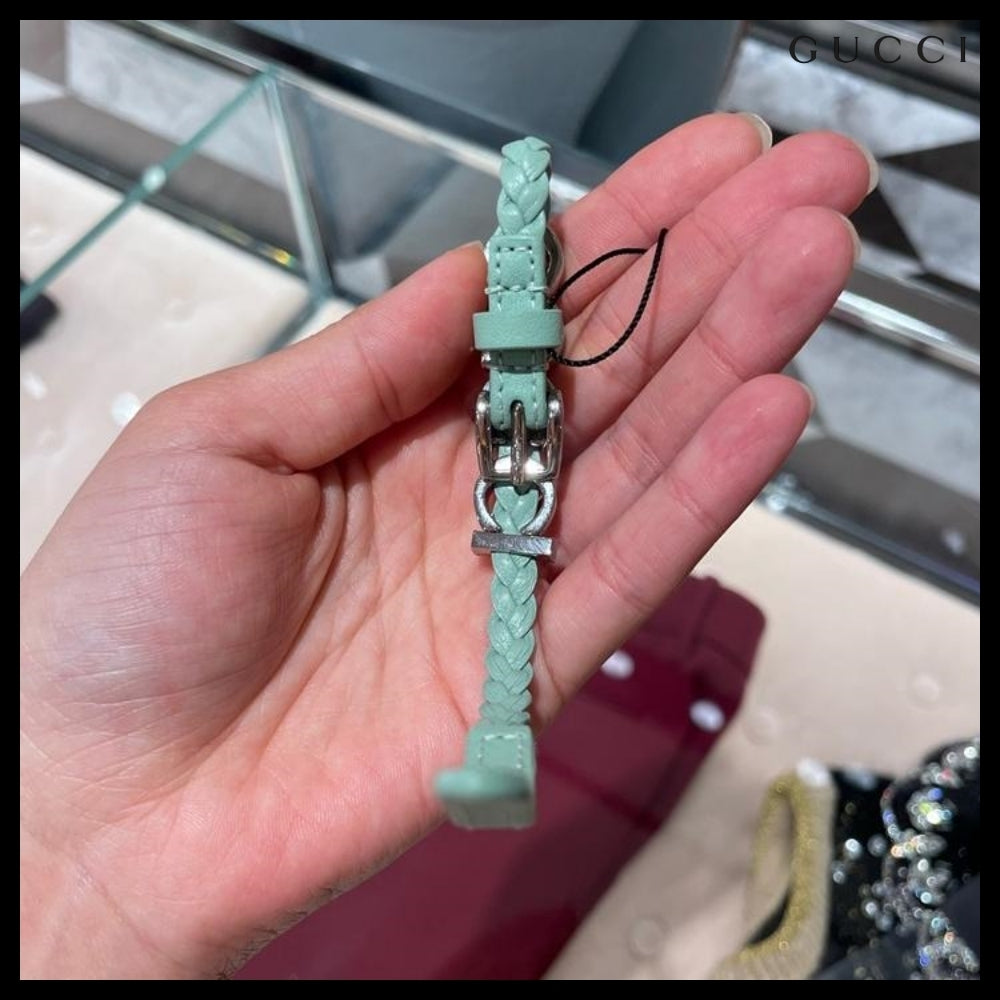 【GUCCI】Silver Metal Logo Leather Buckle Bracelet MintGreen