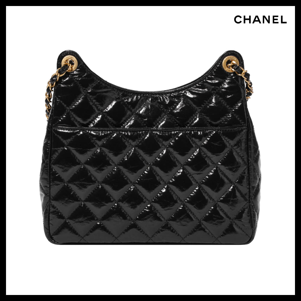 【CHANEL】Hobo Handbag Shiny Crumpled Calfskin & Gold Black