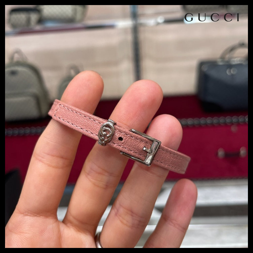 【GUCCI】 Double G Leather Buckle Bracelet PINK SILVER