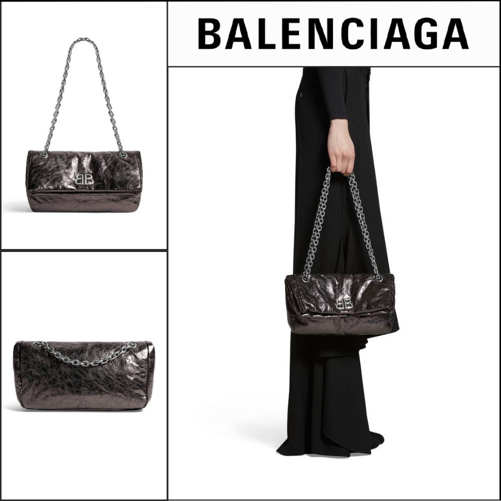 【BALENCIAGA】Monaco Small Chain Bag Metallized Dark Grey