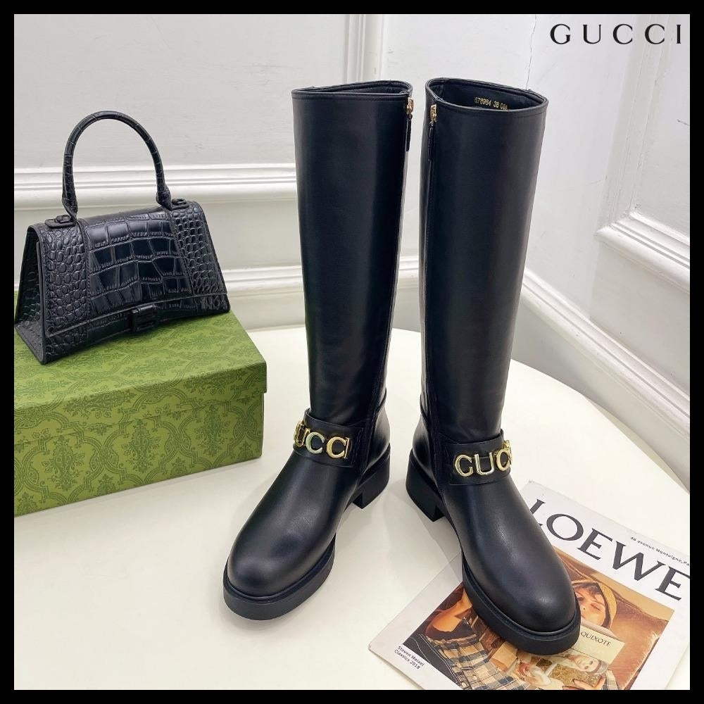 【GUCCI】Metal Logo Leather Zip Women's Long Boots Black