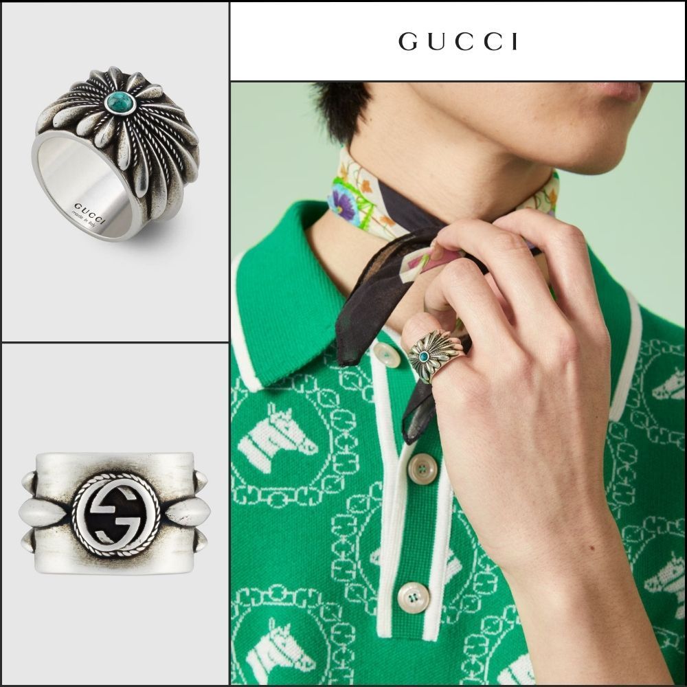 【GUCCI】Interlocking G Engraved Flower Sterling Wide Ring