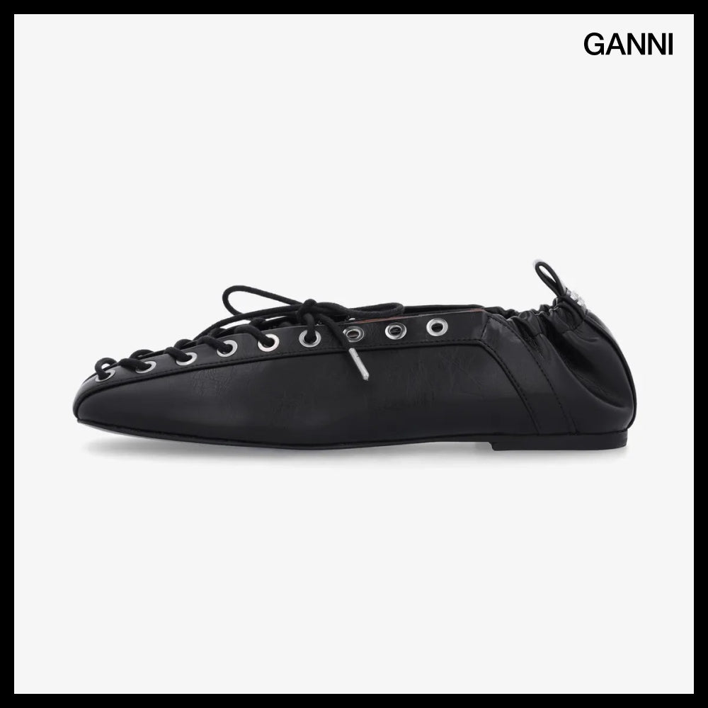 【Ganni】Eyelet Lace Up Ballerina Flat Shoes Black