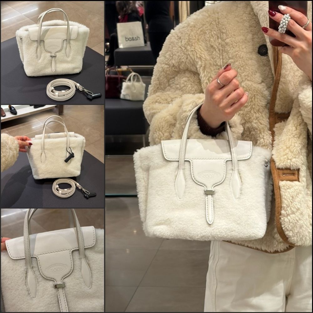 【Tod’s】ANX DUE Shearling Leather Shopping Tote Bag White
