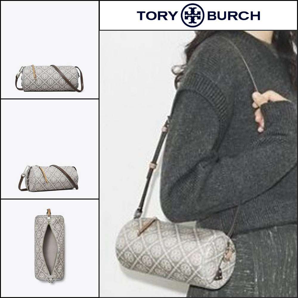 【Tory Burch】T Monogram Utility Cylinder Bag Gray