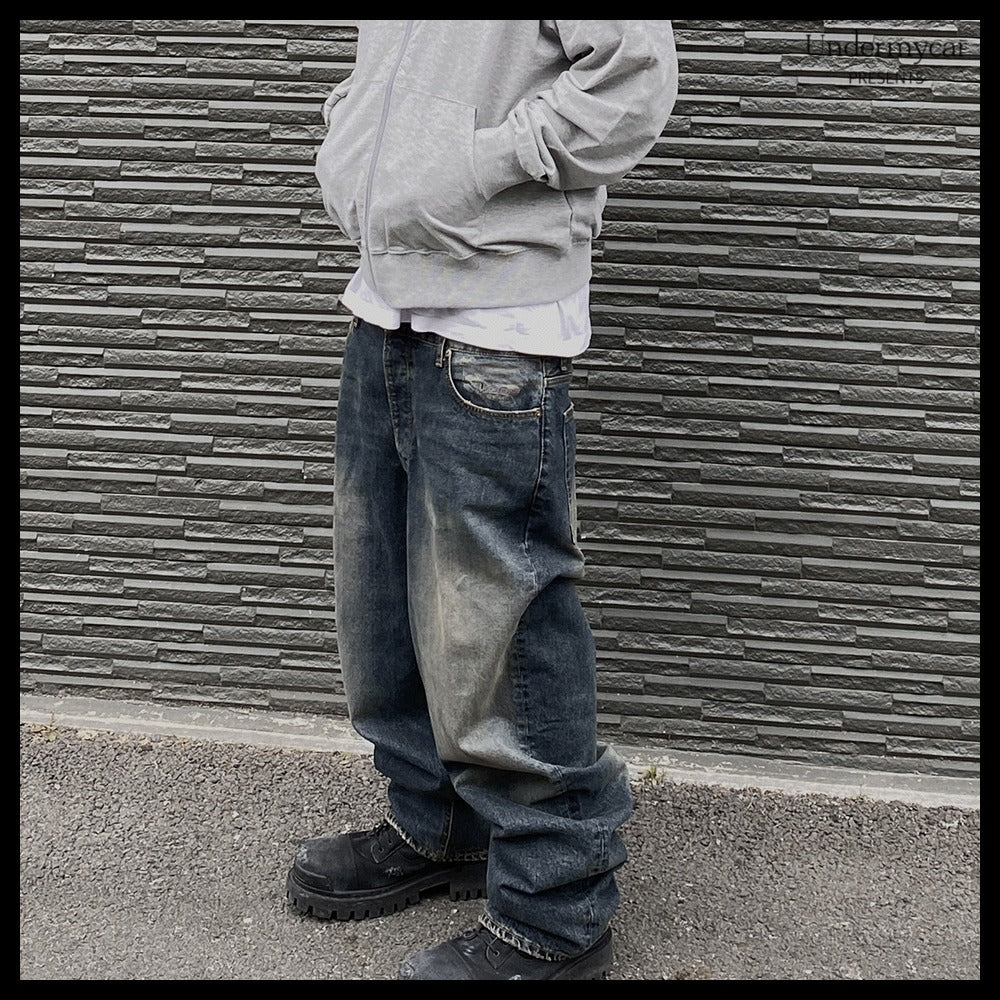 【Undermycar】ANTI FXXKING LOGO PLAY BRUSH WASHED WIDE JEANS