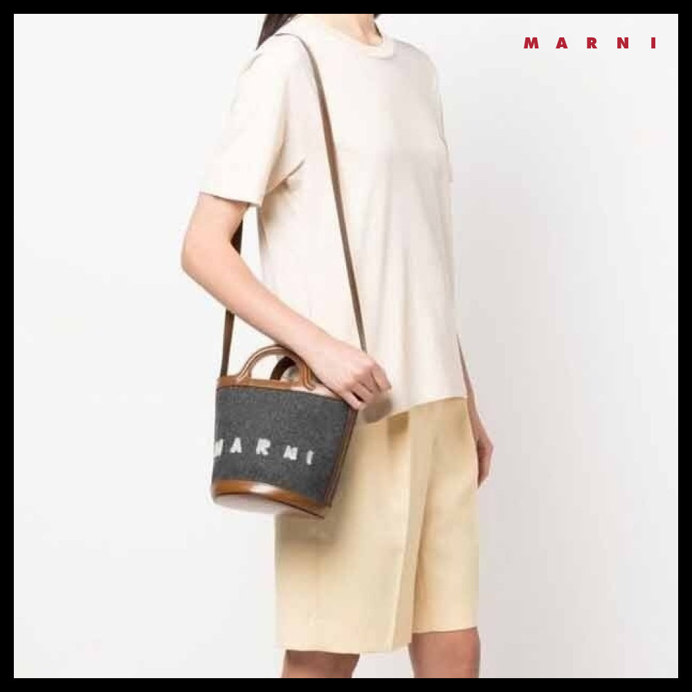 【MARNI】Felt Logo Mini Bucket Bag Dark Grey Mocha Women's