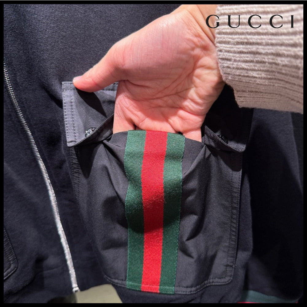 【GUCCI】Web Pocket Felted Cotton Jersey Hooded Jacket Black