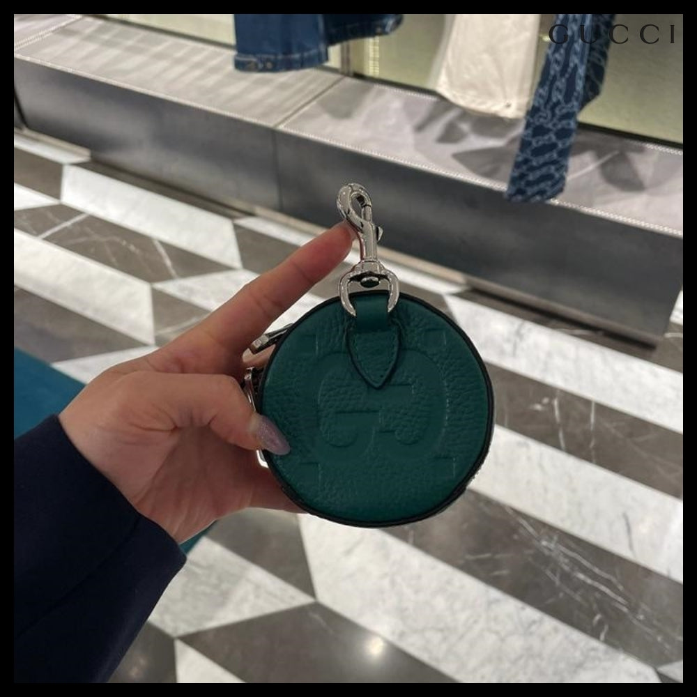 【GUCCI】PIUMA GG Jumbo Calf Keyring Coin Wallet Emerald