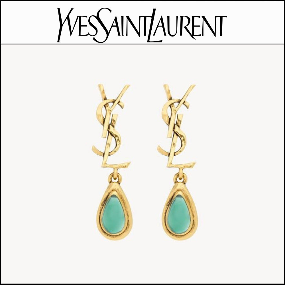 【Saint Laurent】Drop Earrings Green and Gold