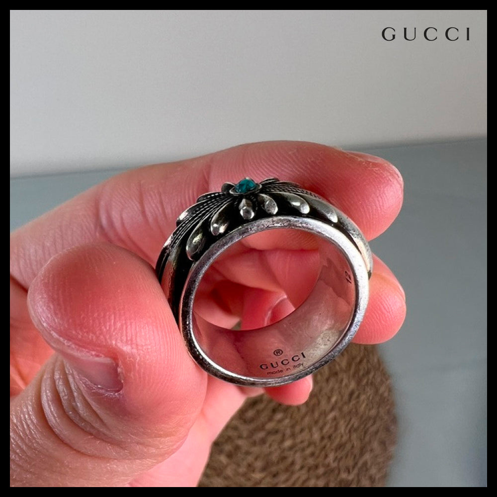 【GUCCI】Interlocking G Engraved Flower Sterling Ring Silver