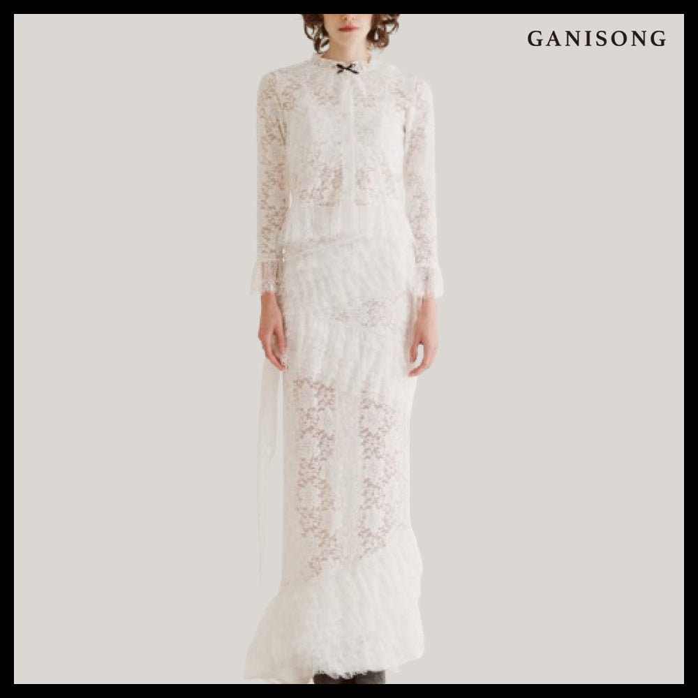 【GANISONG】Bridal Diagonal Lace Two-Piece Dress White