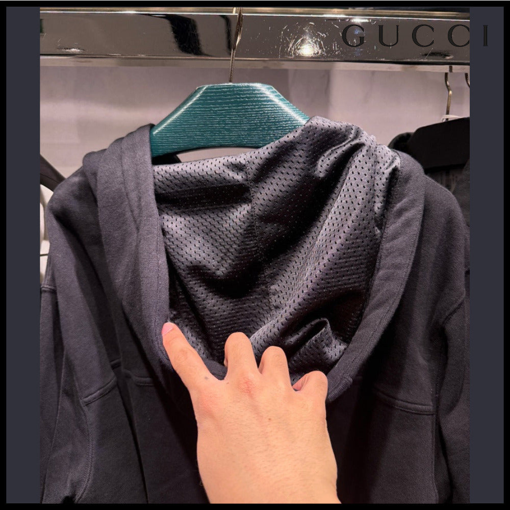 【GUCCI】Web Pocket Felted Cotton Jersey Hooded Jacket Black