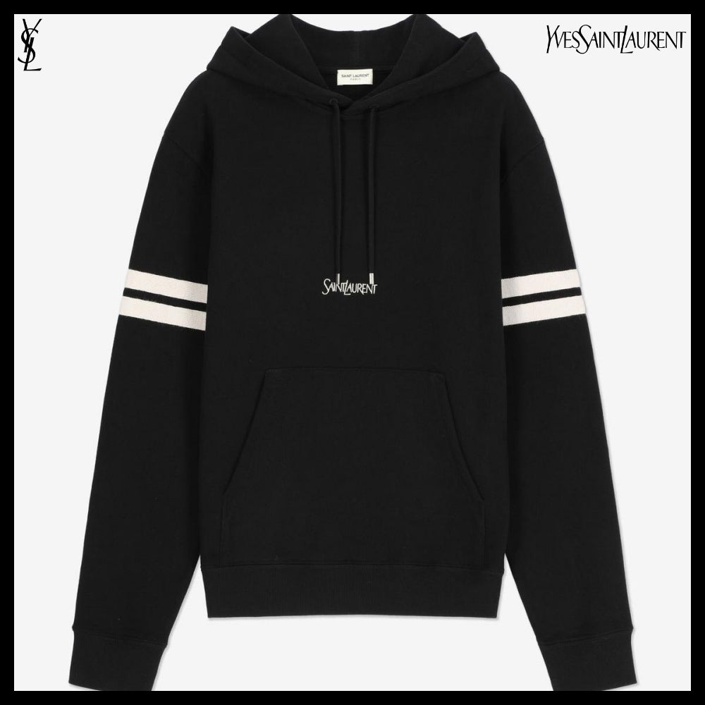 【Saint Laurent】Classic Small Logo Stripe Trim Hoodie Black