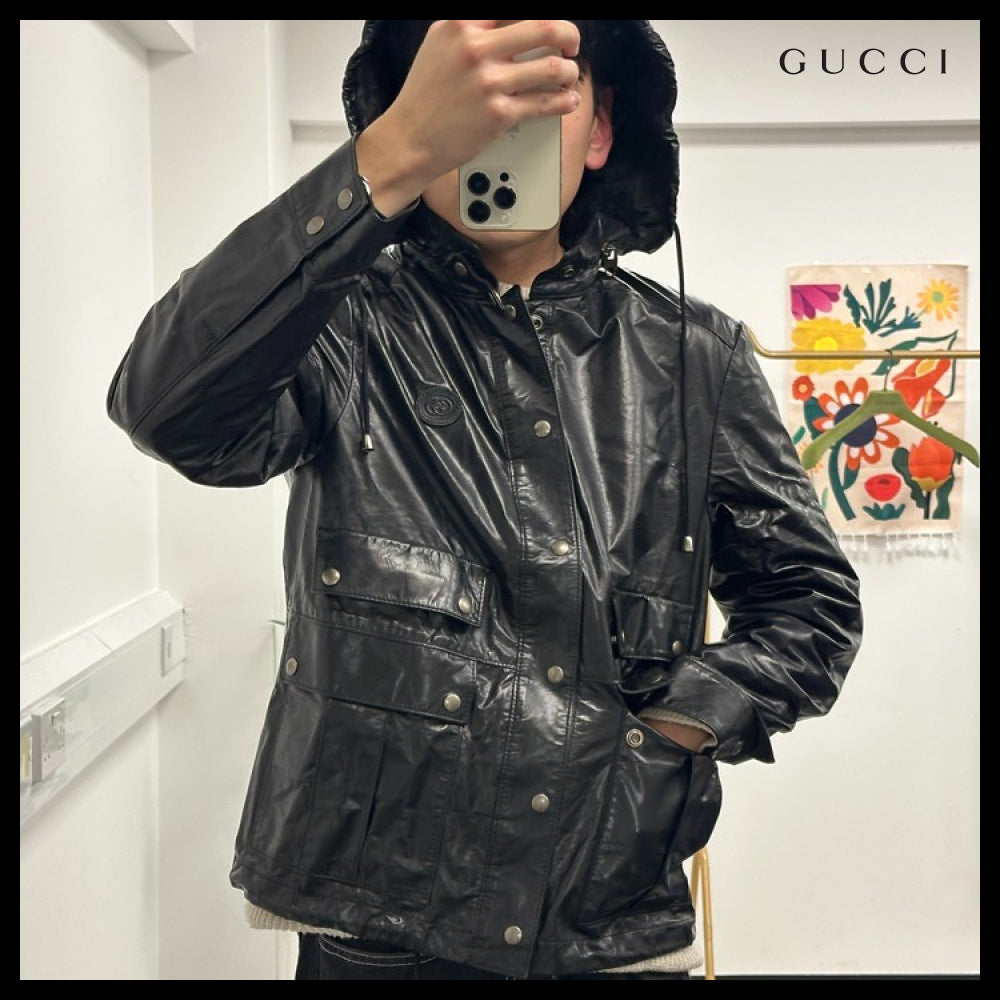 【GUCCI】Interlocking G Calf Leather Hooded Jacket Black