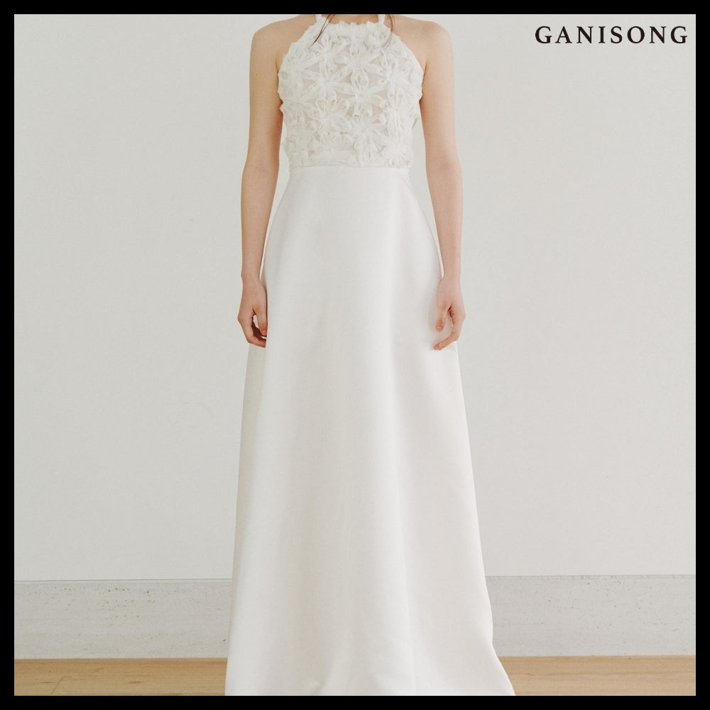 【GANISONG】Bridal Fluffy Rose Halterneck Dress White