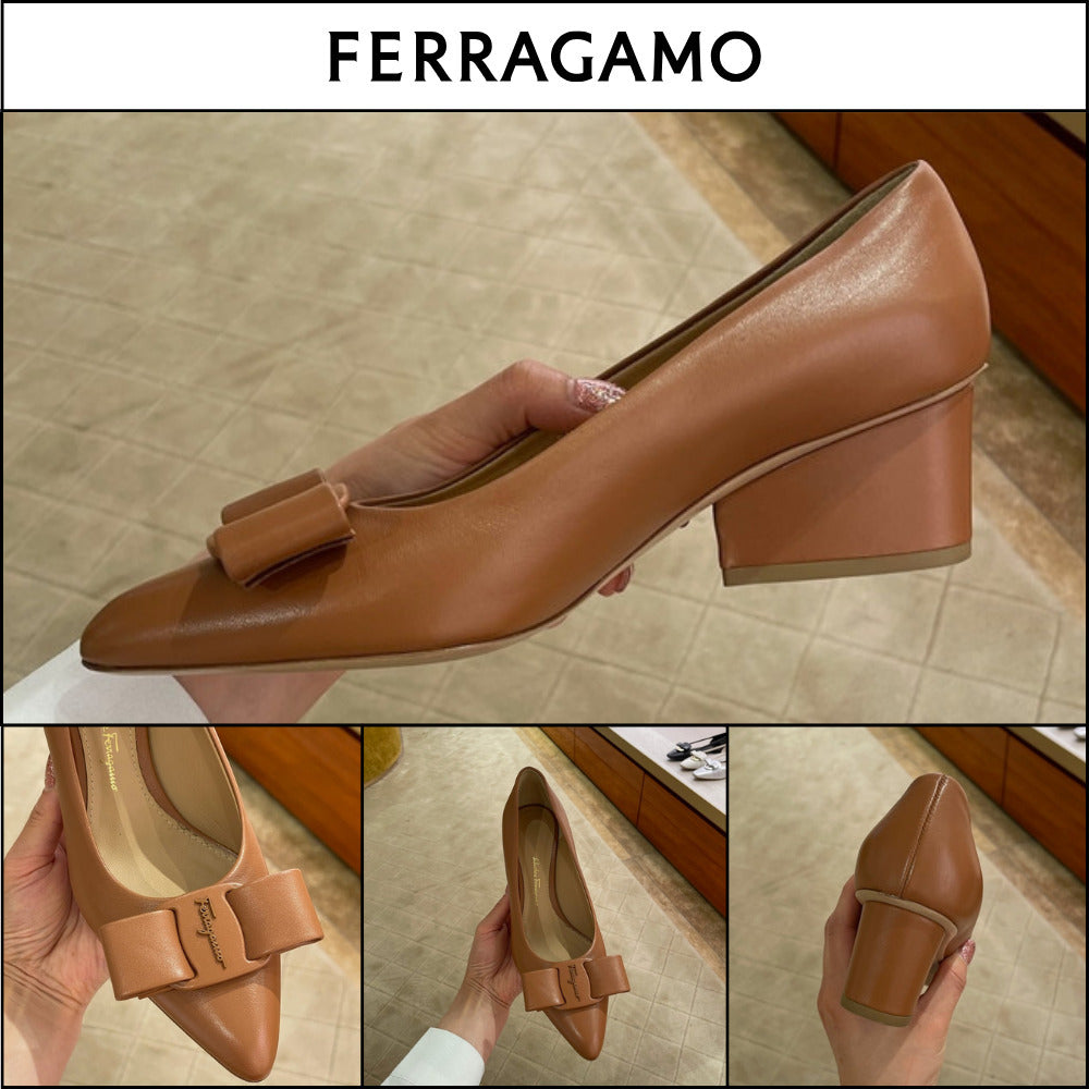 【FERRAGAMO】VIVA 55 NEW VARA BOW LEATHER PUMPS CAMEL