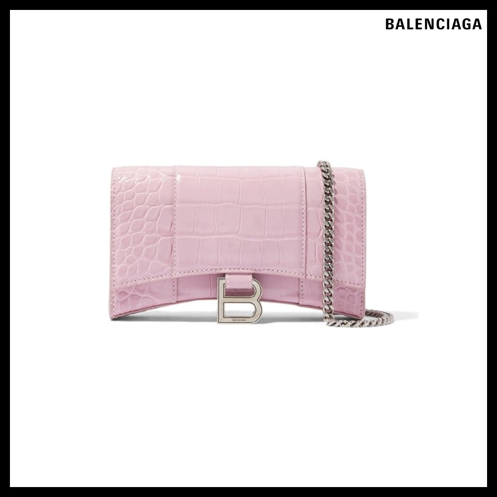 【BALENCIAGA 】Hourglass Wallet On Chain Crocodile Embossed