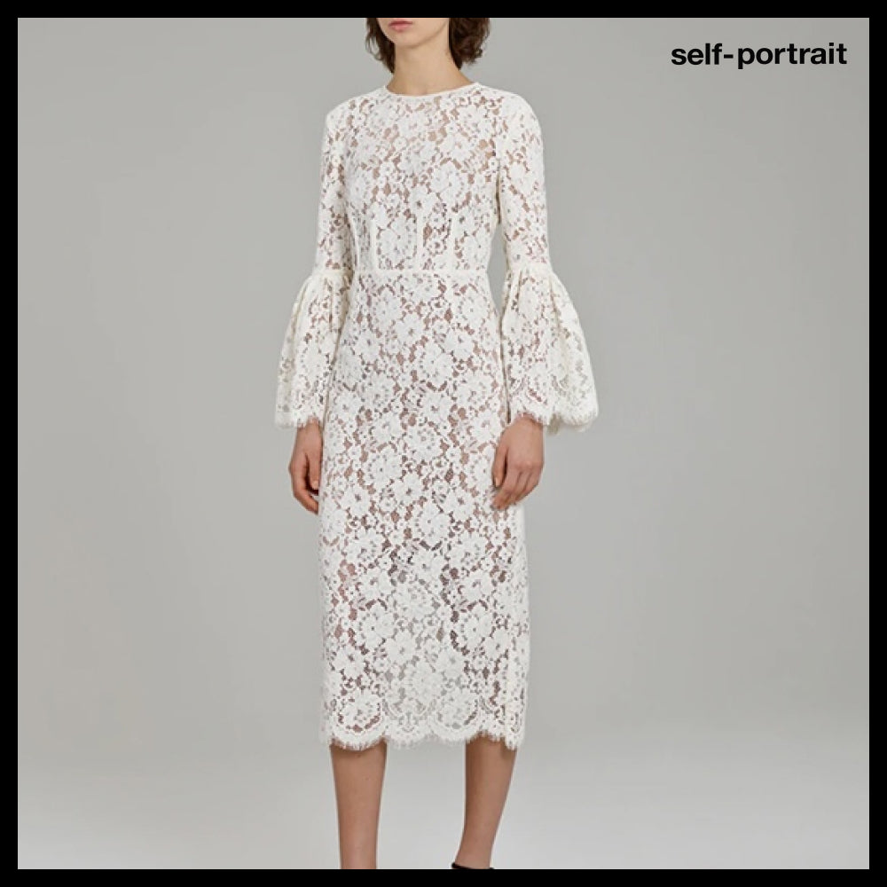 【SELF PORTRAIT】Ivory Cotton Lace Midi Dress