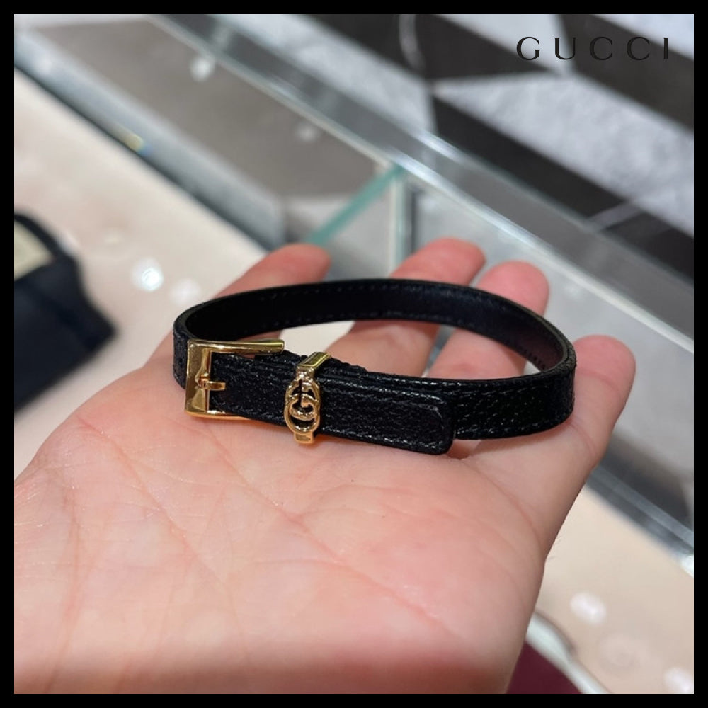 【GUCCI】 ダブル G レザー バックル ブレスレット BLACK GOLD