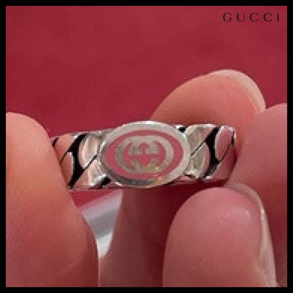 【GUCCI】Enamel Mini Interlocking Chain Ring Silver