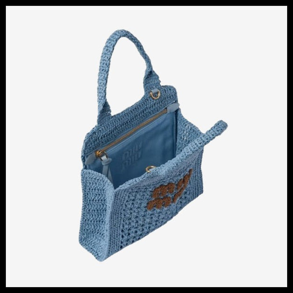 【MIU MIU】Raffia Crochet Tote Bag Celeste Cognac Women's