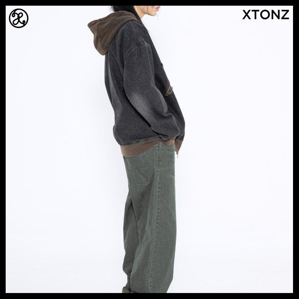 【XTONZ】VINTAGE WASHING STAR DENIM HOODED ZIP-UP 2COLORS