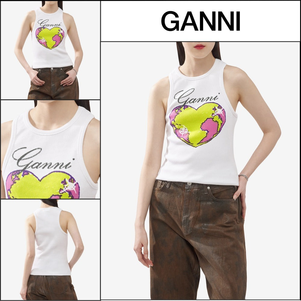 【Ganni】グラフィックリブ ハート ノースリーブTシャツホワイト