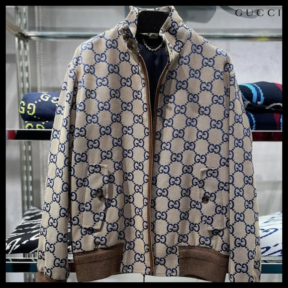 【GUCCI】GG Canvas Cotton Blend Blouson Jacket Beige Blue