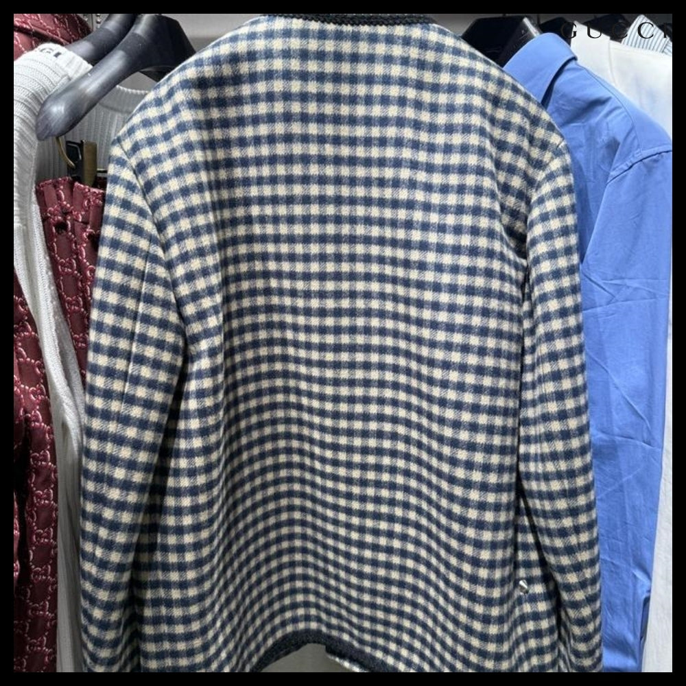【GUCCI】Interlocking G Patch Gingham Check Wool Jacket