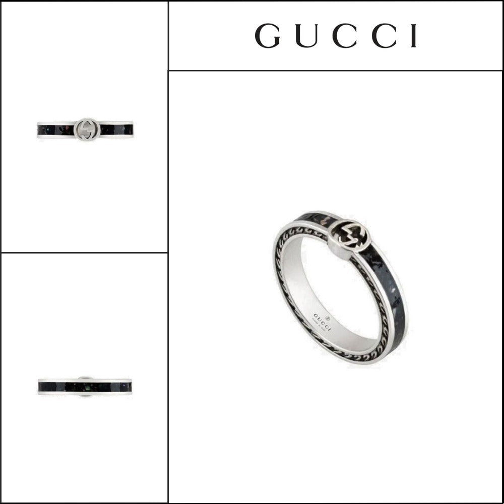 【GUCCI】 インターロッキング G メタル シルバー リング BLACK