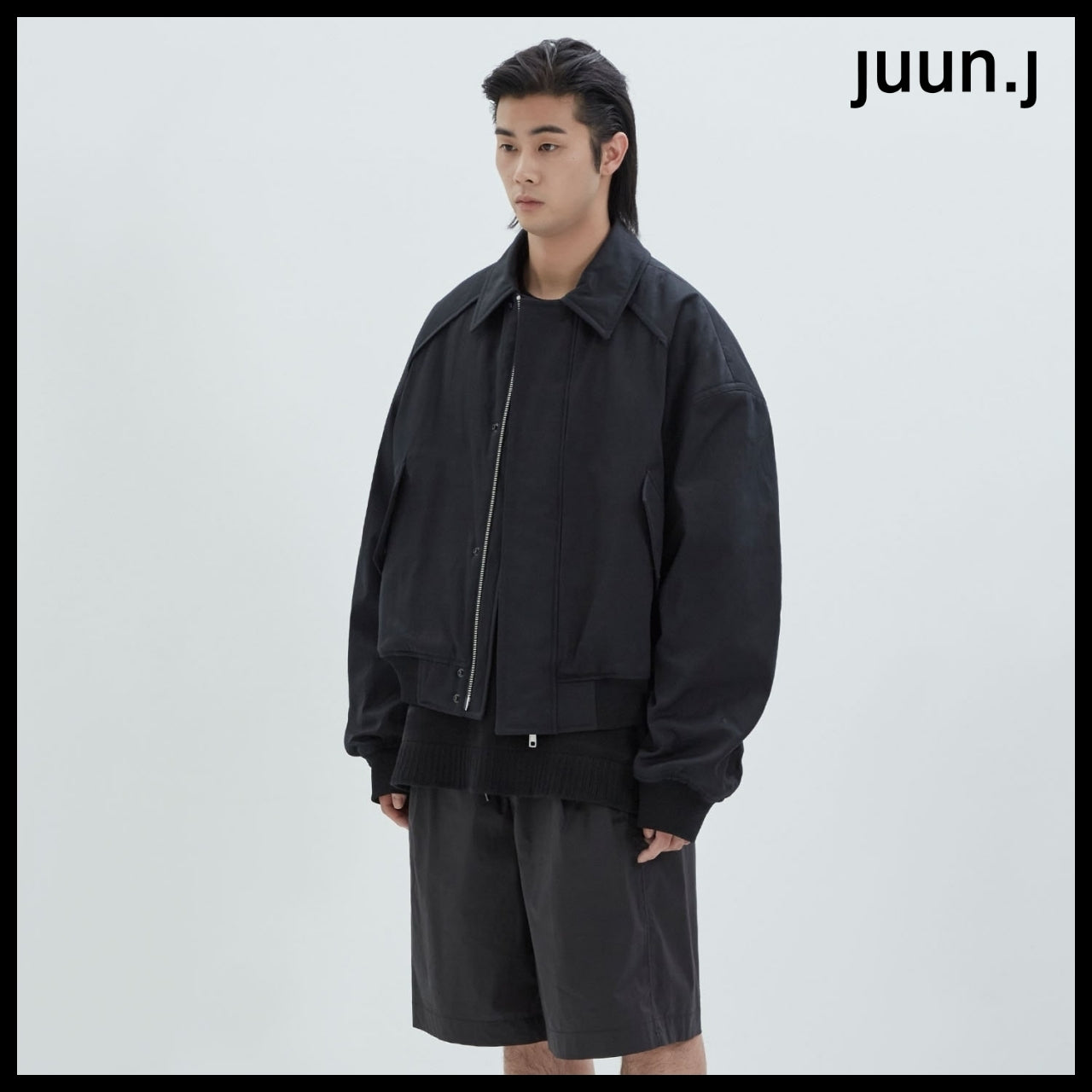 【JUUN.J】Cotton Stand Collar Flight Jumper Black