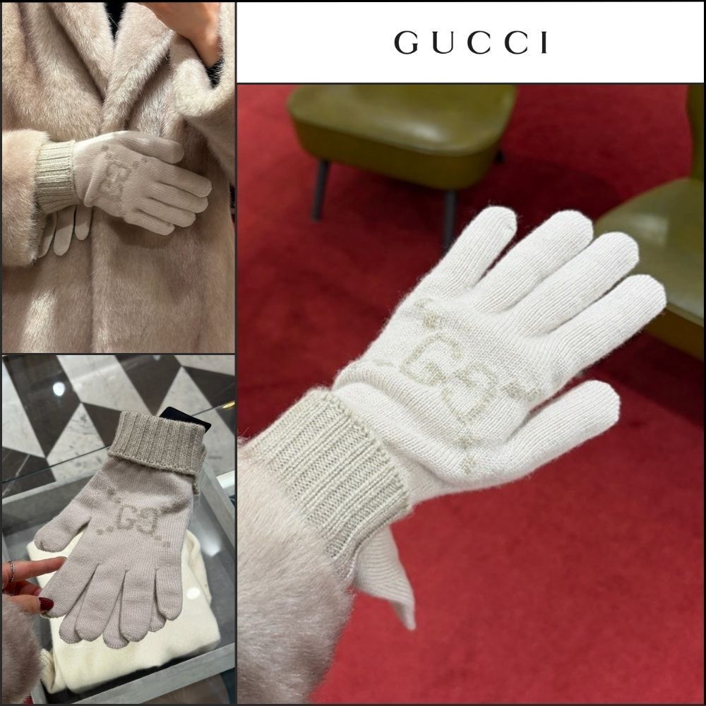 【GUCCI】GG Jacquard Cashmere Knit Gloves Off White