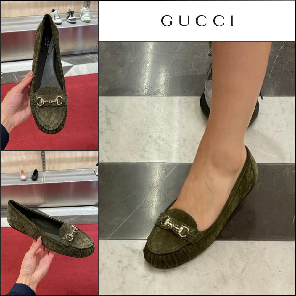 【GUCCI】Kensington GG Horsebit Suede Ballerina Flats Khaki