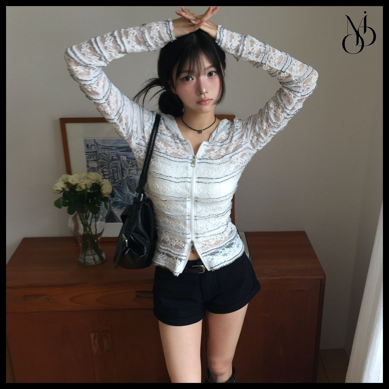 【MODIMOOD】Sheet Lace Hoodie Zip-Up Cardigan