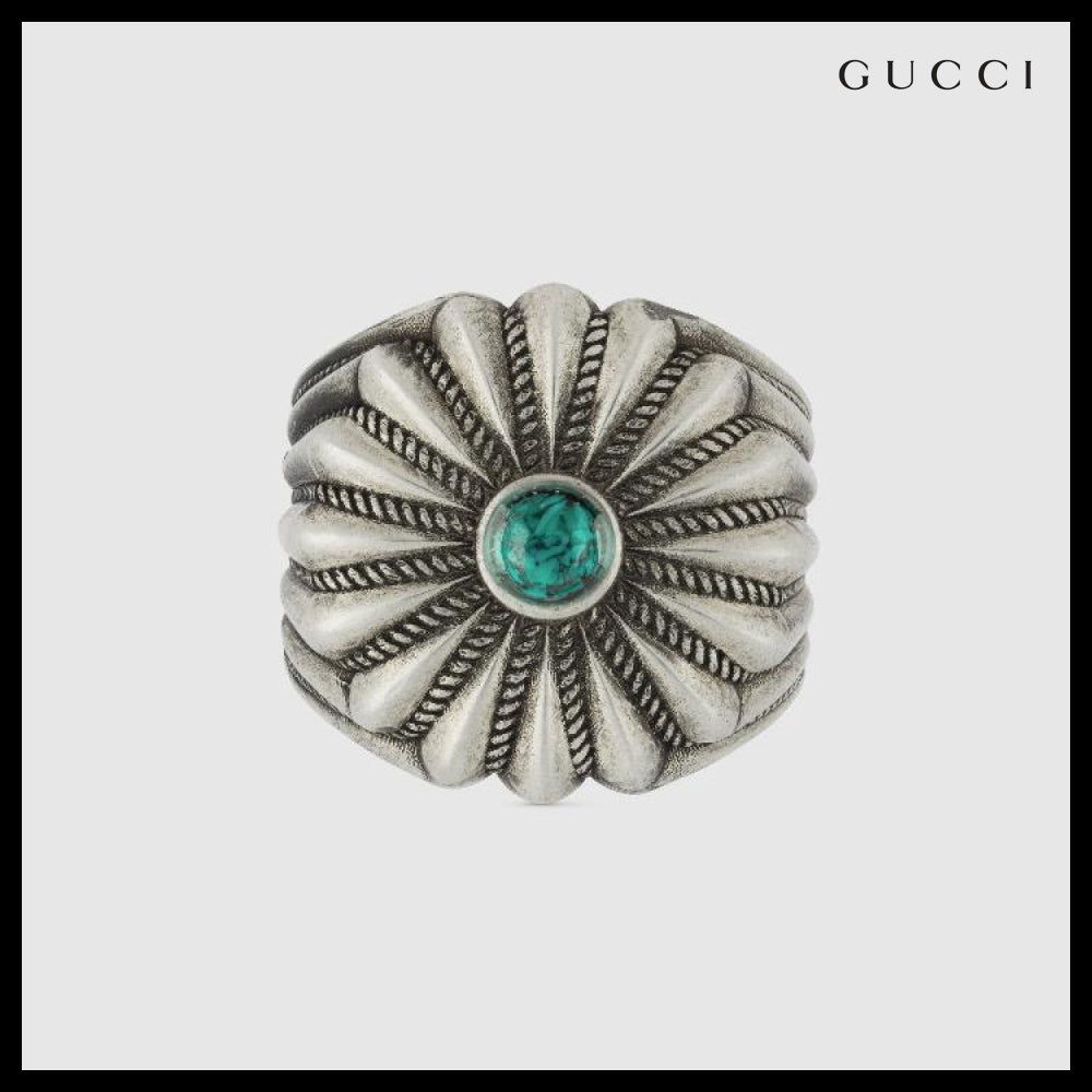 【GUCCI】Engraved Flower Sterling Ring Turquoise