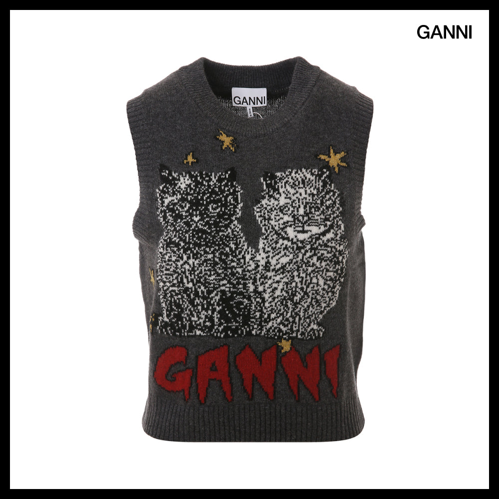 【Ganni】Graphic Wool Mix Cat Gray Vest