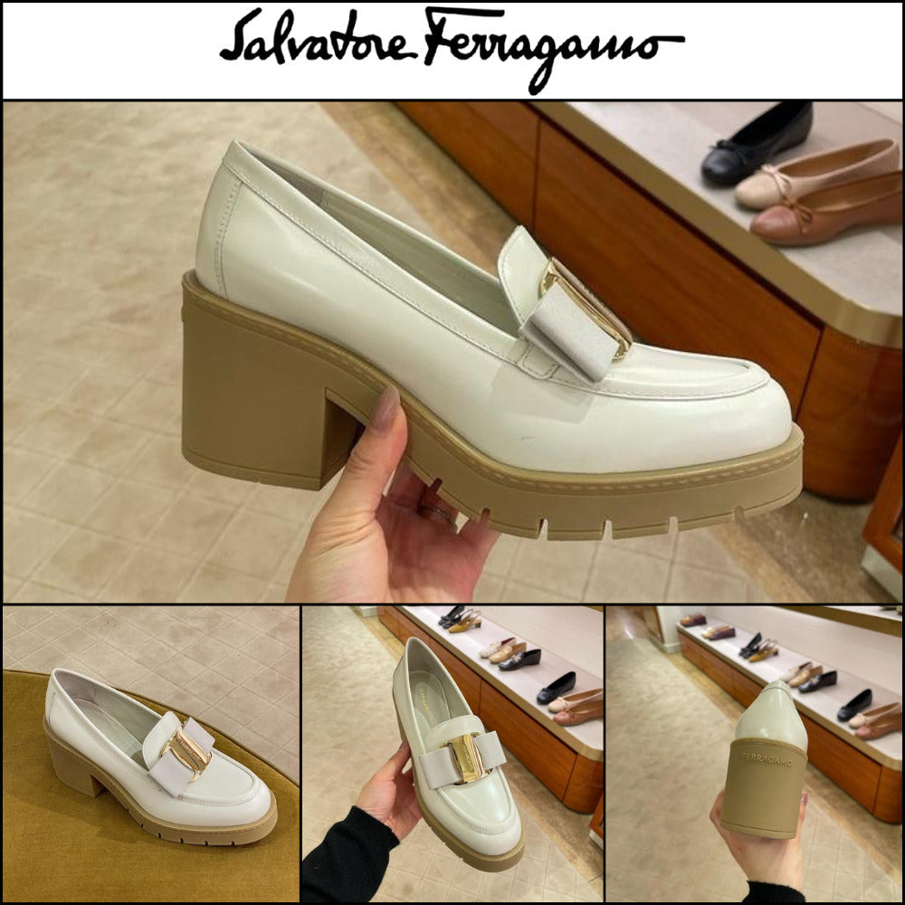 【FERRAGAMO】BENILDE VARA BOW LEATHER LOAFER HEELS WHITE