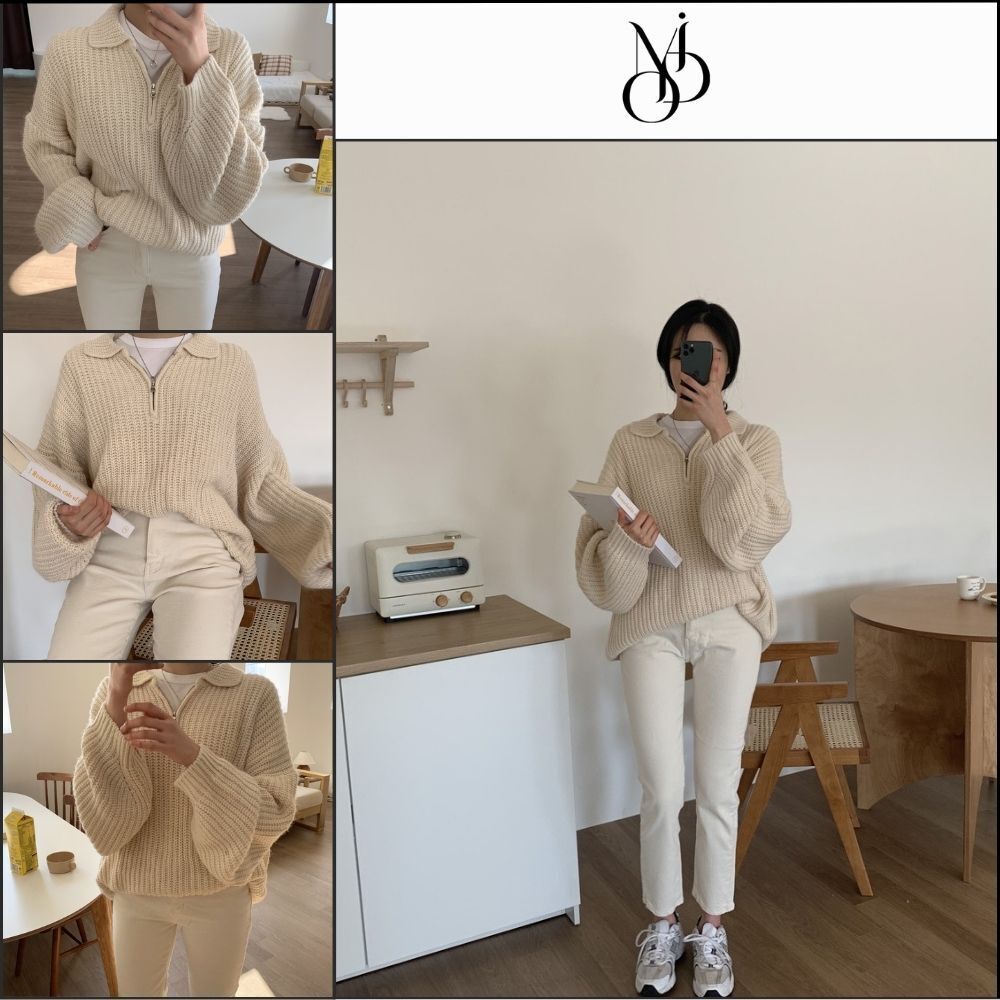 【MODIMOOD】Puff Sleeve Loose Fit Half Zip-Up Collar Knit