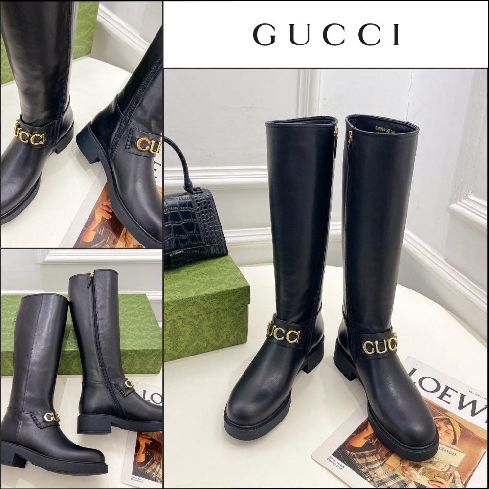 【GUCCI】Metal Logo Leather Zip Women's Long Boots Black