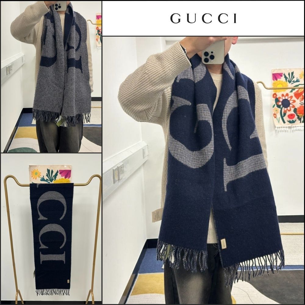 【GUCCI】Logo Jacquard Reversible Wool Blend Scarf Navy Grey