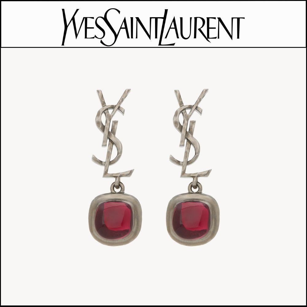 【Saint Laurent】Cabochon Earrings Red and Silver