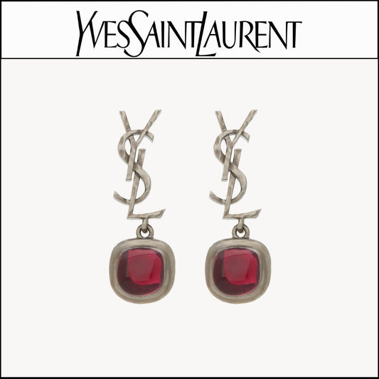 【Saint Laurent】Cabochon Earrings Red and Silver
