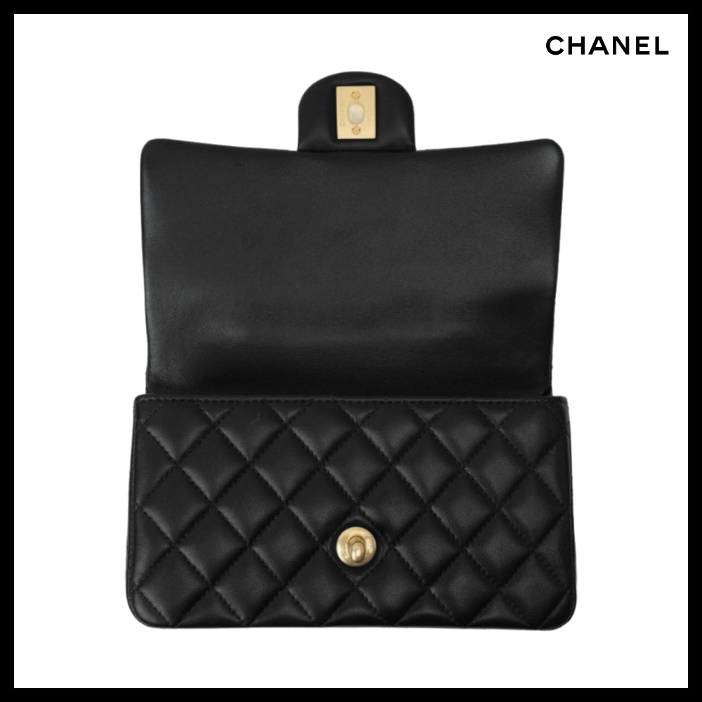 【CHANEL】Mini Top Handle Flap Bag Lambskin & Gold Black