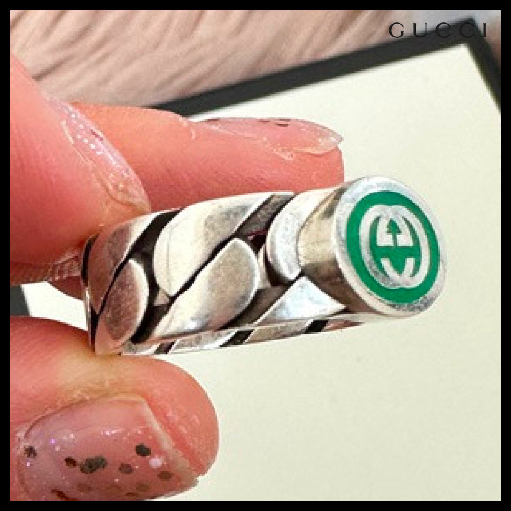 【GUCCI】Interlocking Enamel Chain Ring Green