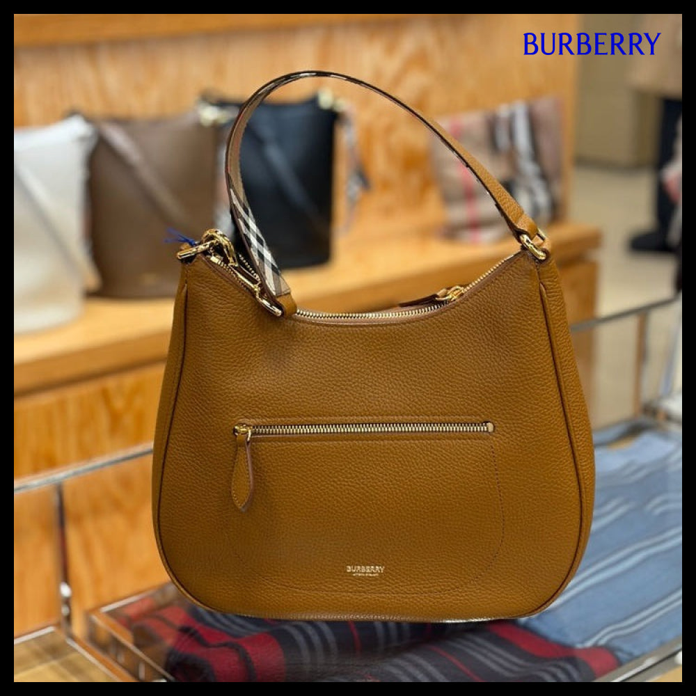 【Burberry】Grain Leather Hobo Shoulder Bag Tawny Brown