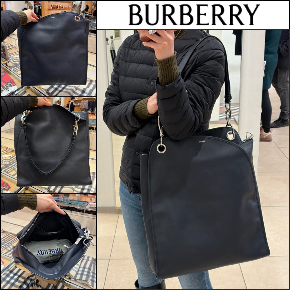 【Burberry】Shield Twin Logo Leather Tote Bag Indigo
