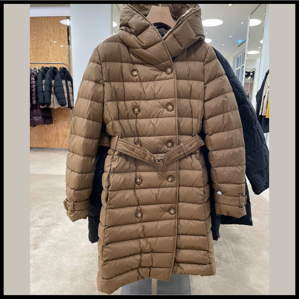 【BURBERRY】WITLEY Belted Long Down Coat Taupe Brown