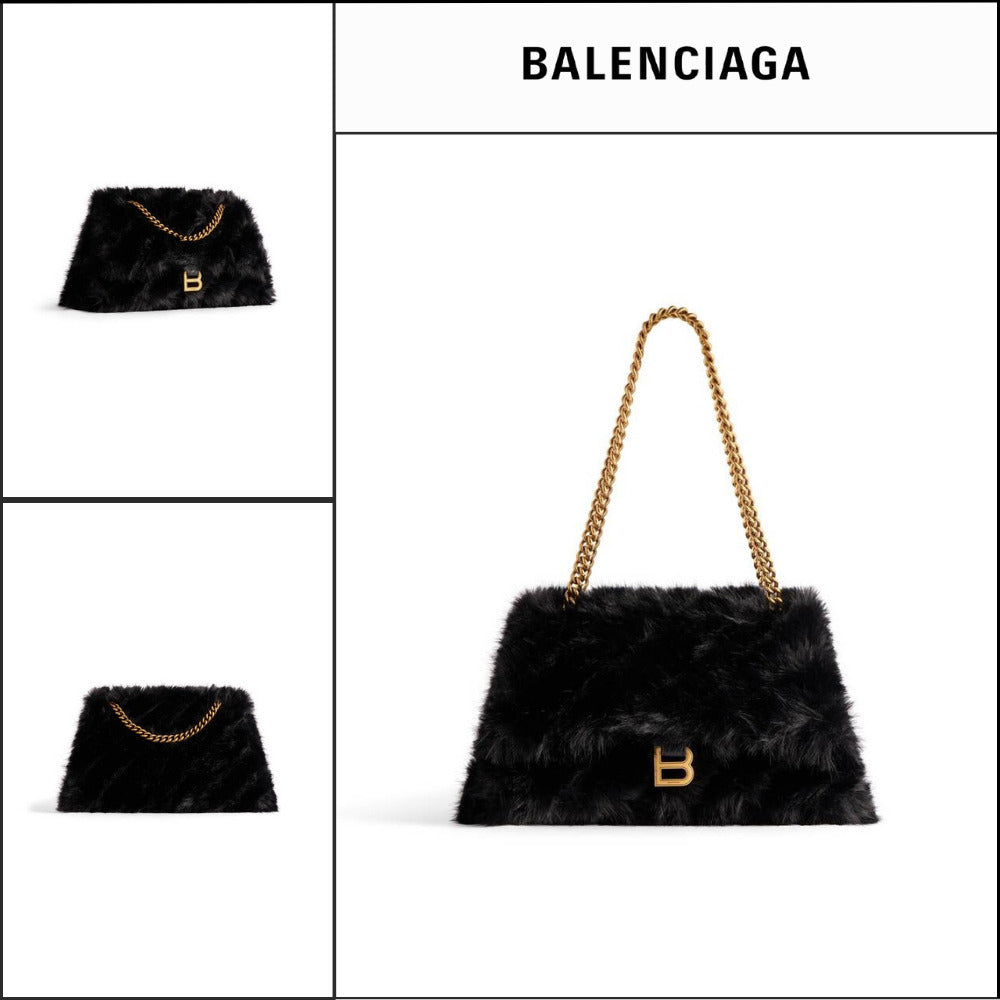 【BALENCIAGA】Crush Medium Chain Bag Fake Fur Black