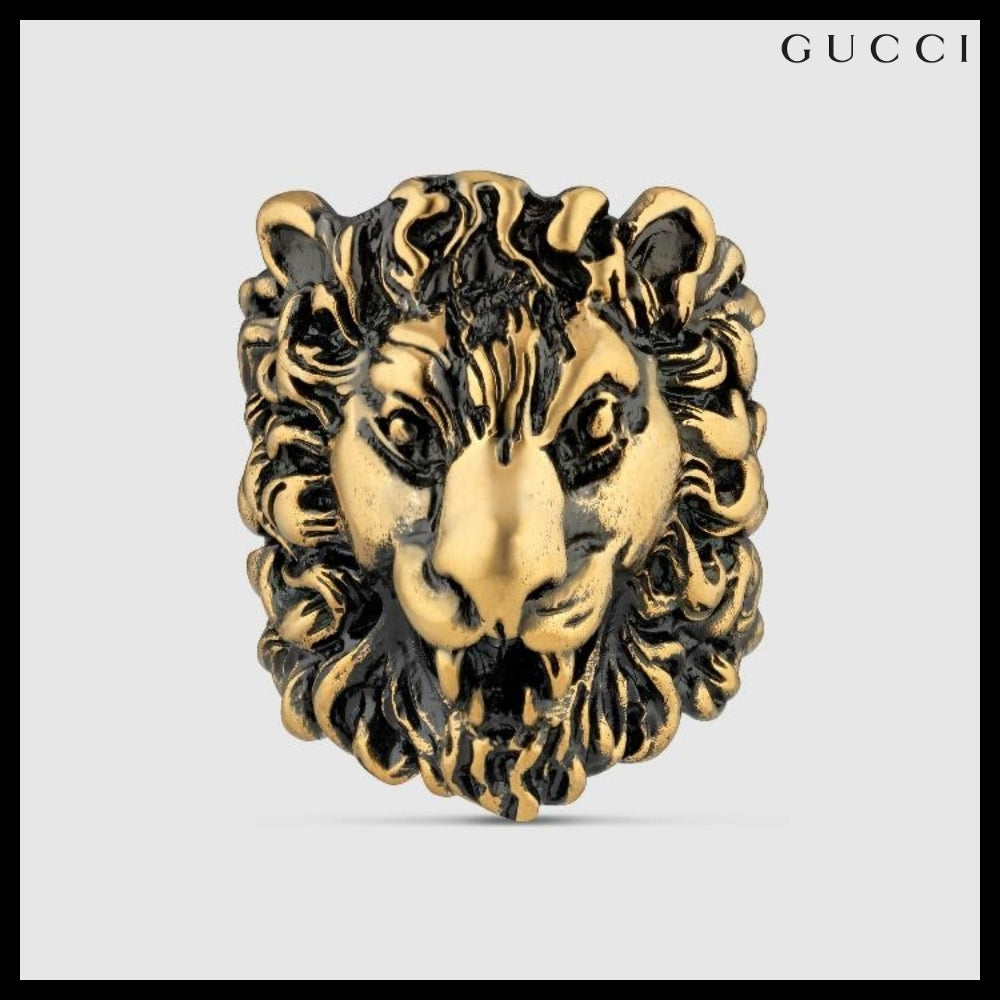【GUCCI】Lion Head Metal Wide Ring Gold